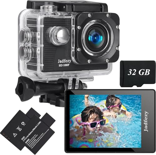 Jadfezy Action Camera FHD 1080P with 32GB Card, 98FT/30M Underwater Waterproof Camera with 2 Rechargeable Batteries, Wide Angle sports camera with Accessories Kit Suitable for Helmet, Bicycle.(A003)