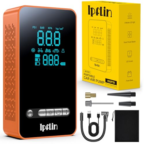 Compresseur à Air Portatif, Gonfleur Pneus Voiture sans Fil avec LED et Port C USB 150 PSI, Batterie Rechargeable, Inflation Rapide, Compresseur, Arrêt Automatique, pour Voiture, Vélos, Motos-Orange