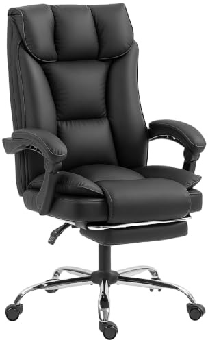HOMCOM Sedia Ufficio Ergonomica Reclinabile 155° con Poggiapiedi Nero | Sedia Scrivania, Finta Pelle Antigraffio Facile Pulizia, Doppia Imbottitura, Braccioli Imbottiti, Girevole Altezza Regolabile