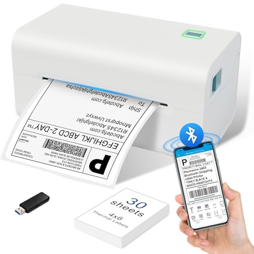 Thermal Label Printer 4x6 with Bluetooth - White Desktop Sticker Label Printer for Business and Posting Label Printer, an Essential Shipping Label Printer Compatible with Royal Mail, Vinted, Shopify.