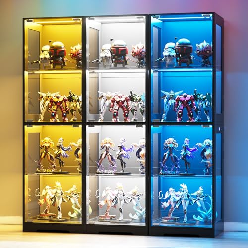 Elancee 160 cm hohe Glasvitrine mit 4 Ebenen und 3 farbigen LED-Lichtern, verstellbare Regale für Sammlerstücke, Bücher, Heimbüro, Wohnzimmer, Schwarz