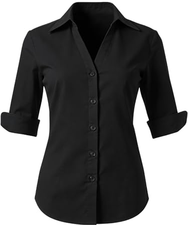 Growmax Womens Shirts 100% Cotton Button up Shirt V-Neck Womens Blouses 3/4 Sleeve Blouse for Women Work Office Business Casual Black Shirt