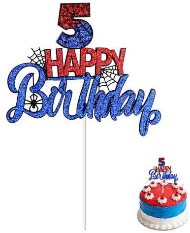 Spider Birthday Cake Topper, Red and Blue Glitter Double-Sided Spider Theme Happy Birthday Cupcake Topper for Cartoon Themed Boys Girls Party Decoration Supplies(Number 5)