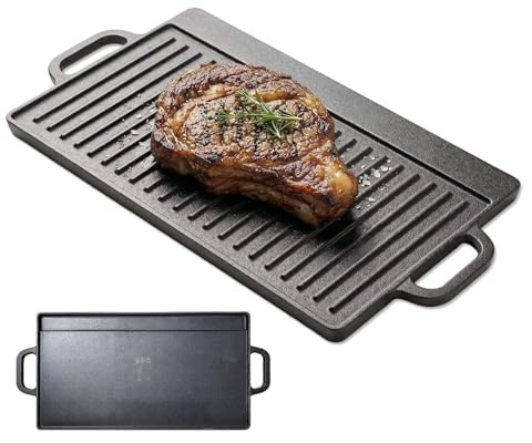 GEEZY Double Sided Cast Iron Griddle Plate 50x23cm - Reversible BBQ Grill Pan & Skillet for All Hobs, Flat & Ridged Surfaces, Fat Drainage, 2 Handles - Great for Gas Hobs, Induction, Camping, Garden