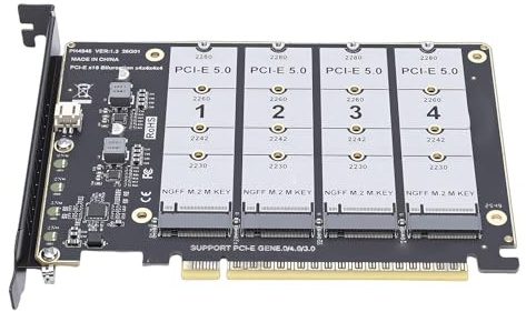 Annadue Quad NVMe PCIe Adapter, 4 Ports M.2 NVMe SSD to PCI-e 5.0/4.0/3.0 X16 M Key Hard Drive Converter Reader PC Internal Expansion Card 4x128Gbps