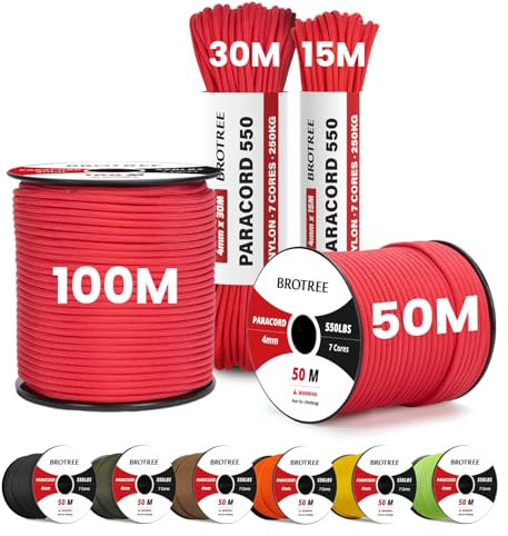 Brotree Paracord 550 4mm 30M 100% Nylon Seil Schnur Typ III mit 7 Stränge für Survival, Outdoor, Armbänder, Hundeleine - Bruchlast 250kg (Rot)