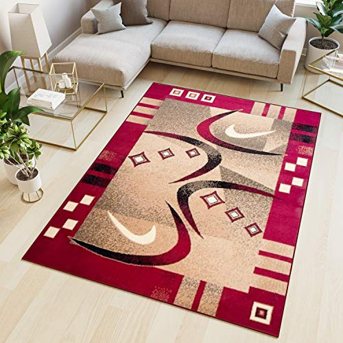 TAPISO Atlas Teppich Kurzflor Vierecke Streifen Bumerang Rot Beige Schwarz Bordüre Schlafzimmmer Wohnzimmer Vintage Modern ÖKOTEX 120 x 170 cm