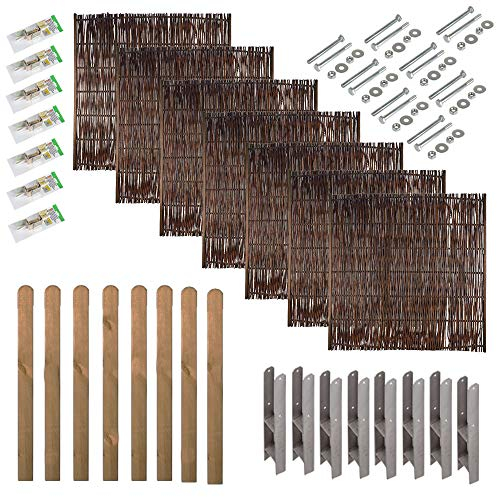 Weidenzaun | Komplettset mit Montagematerial & 7 Stk. Sichtschutz-Zaun 180x180 cm & 8 Pfosten (braun) 9x9x190 cm | ca. 13,3 lfdm. | Sichtschutz Weide | Gartenzaun | Zaunelement | Zaunfeld