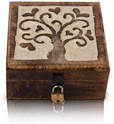 Boîte à bijoux décorative faite à la main en bois avec arbre de vie sculpté, serrure et clé 12,7 x 12,7 cm