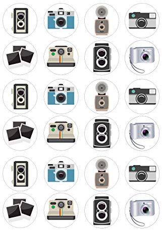 cdb 24 Vintage Cameras Iced Cake Toppers Icing Cupcake Topper Edible Fairy Cake Bun Frosting Round