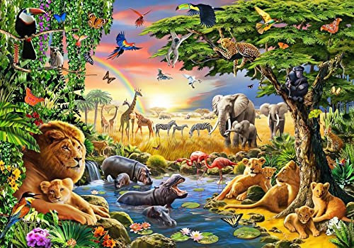 Wesmilewallpaper Papier Peint 3D Intissé Murales Dessin Animé Prairie Monde Animal Lion Zèbre Grand Arbre Papier Peint Panoramique Tapisserie Peinture Poster Photo 350x245cm