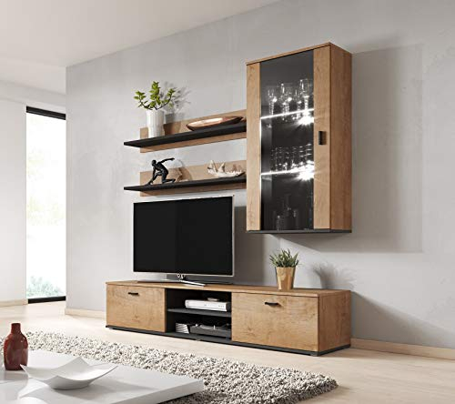 Furniture24 Wohnwand SOHO 5 mit Weißer LED Beleuchtung, Anbauwand, Wohnzimmerschrank, Schrankwand, Vitrine, Lowboard, Hängeregal (Lefkas Eiche/Schwarz)