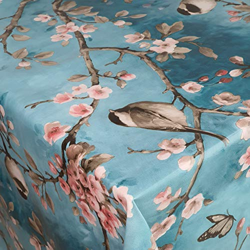Wachstuchtischdecke Vogel Spatz Türkis Rechteckig 130 x 200 cm | abwaschbare Tischdecke, Gartentischdecke, wasserabweisend, gefaltet