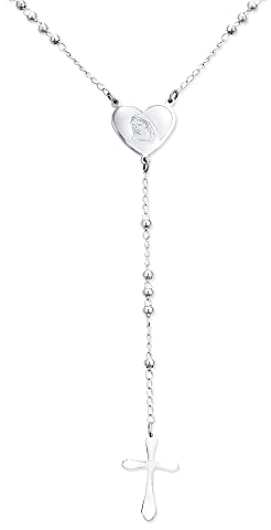 Bling Jewelry Religiös Christlich Zierlich 2MM Runde Kugel Perlen Glied Herz Heilige Mutter Jungfrau Maria Zart Einfach Kreuz Gebet Rosenkranz Rosario Kette Für Frauen Teen Silber Ton Edelstahl