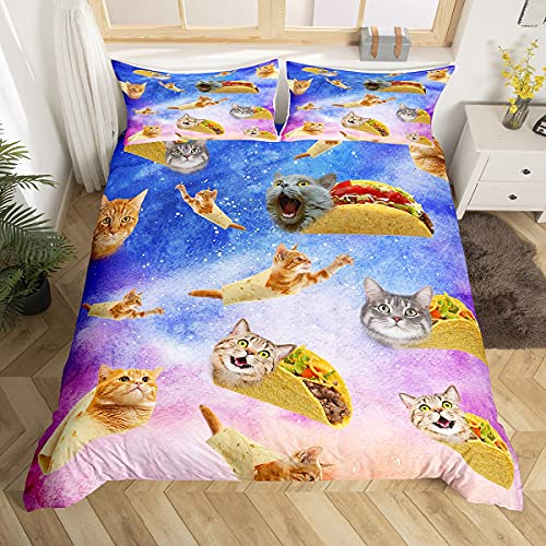 Bettwäscheset mit Katzen-Motiv, 3D-Tiermotiv, Galaxie, schicker Sternenhimmel, Schmusetuch für Kinder, Jungen, Mädchen, Kinder, lustige Pizza-Tagesdecke, Schlafzimmerdekoration, Einzelgröße, hübsch