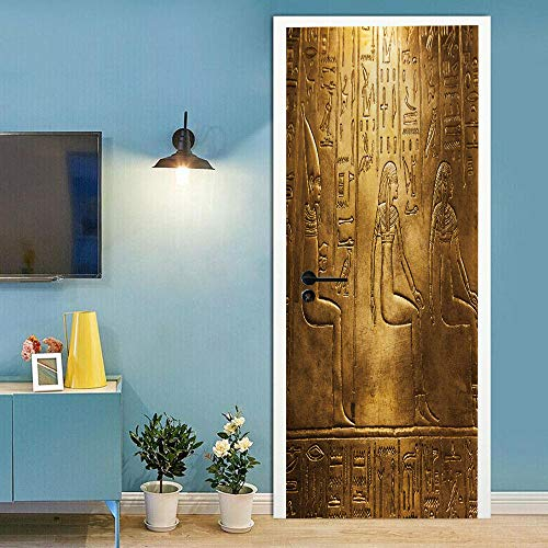 3d Türtapete Selbstklebend 77x200cm DIY Wandbild PVC Wasserdicht Pvc Türtattoos Türposter Türaufkleber Fototapete Türfolie Für Tür,Wohnzimmer,Schlafzimmer,Küche Toilette, Goldener & ägyptischer Stil