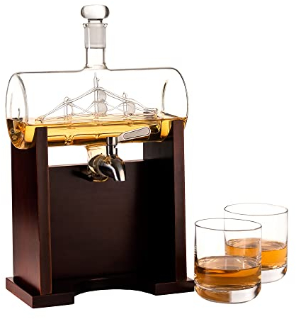 AMAVEL Design-Whiskyfass mit zwei Gläsern und Holz-Ständer, Glasfass mit Edelstahlhahn, edles Geschenk für Whiskyliebhaber