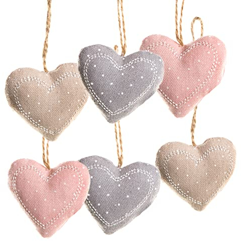 Deko Herzen zum Aufhängen, 6er Set: Herzanhänger Stoff, Stoffanhänger, Dekoherzen, Herz-Anhänger Hochzeit, Sommer, Taufe, Hochzeitssdeko Zweige, Hängedeko, Stoffherzen, Rosa, Beige, Grau, 5 x 6 cm
