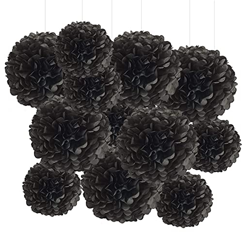 GAKA FAVOR 12er Seidenpapier Pompons Set,Schwarz Tissue Hängedekoration Papier Pompoms Deko für Hochzeit,Taufe,Geburtstag,Kommunion,Valentinstag Muttertag Party Deko