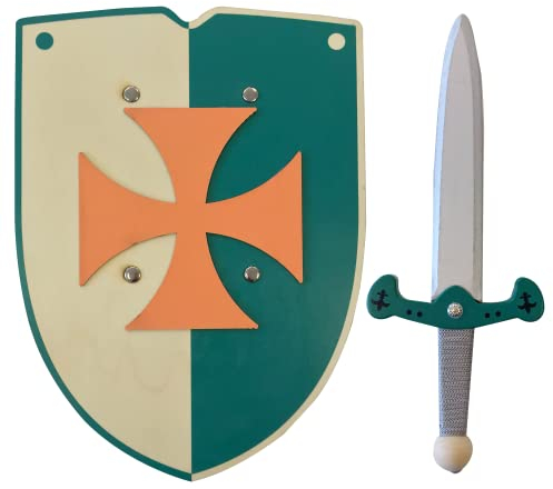 Ritter Schwert und Schild aus Holz, Handgefertigtes - Spielzeug für Kinder, Jungen und Mädchen - Kompliment für Spiele, Imitationsspiele, Kostüm, Mittelalter, Krieger, Mottoparty (Grün, 30 cm)