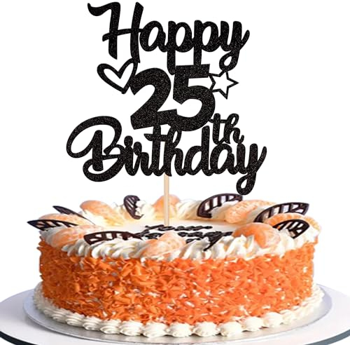 1 Stück Happy 25th Birthday Cake Topper Glitter Heart Star 25 Fabulous Tortendeko Prost auf 25 Jahre alt neunzig fabelhafte Tortendekorationen 25 Geburtstag Party Kuchen Dekoendeko Schwarz