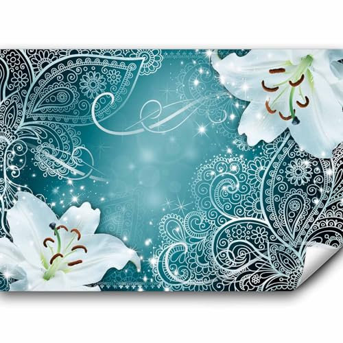 murando PREMIUM Fototapete Blumen Lilien 350x256 cm Vlies Tapeten Wandtapete XXL Moderne Wanddeko Design Wand Dekoration Wohnzimmer Schlafzimmer Büro Flur Ornament türkis blau