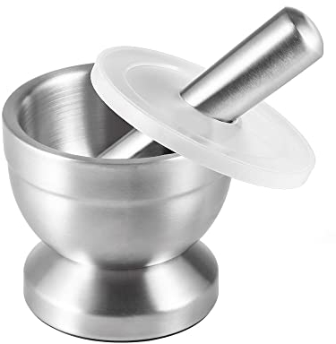 Mortero de acero inoxidable con mortero y tapa, mortero de especias macizo para la cocina, molinillo de hierbas irrompible, molinillo de especias antideslizante para hierbas, especias, pastillas,