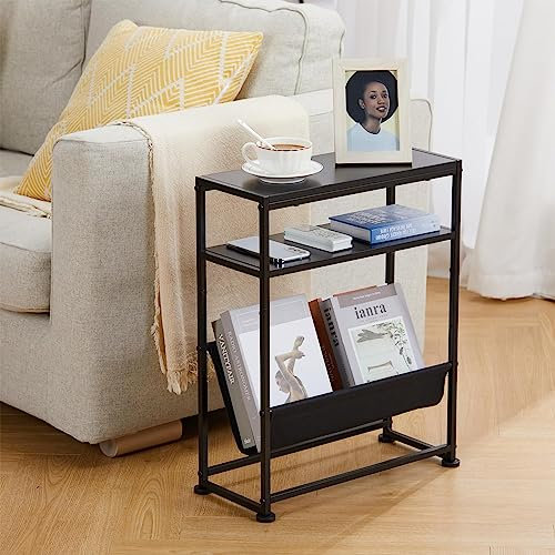 ZEXVIDA Petite table d'appoint pour petits espaces – Table d'appoint fine avec porte-revues, design 2 en 1, table d'appoint étroite pour salon, chambre à coucher, table de chevet, table de magazine