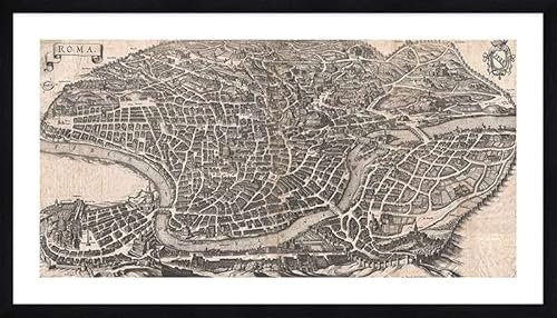 ART PRINT CAFE' – Antike Karten – Matthaus Merian, Panoramablick auf Rom, 1640. Gerahmte Kunstdrucke, Rahmenfarbe: Schwarz