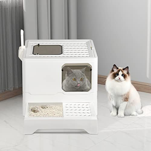 Bandeja de arena para gatos grande para gatos con tapa, gran bandeja de arena plegable con cajón y pala, WC para gatos (blanco, 45 x 35 x 38 cm)