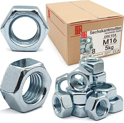 Sechskantmutter M16 5 Kg Festigkeit 8 ca.175 Stk Regelgewinde DIN 934 | Verzinkter Stahl, Muttern für Schrauben, Metrisches Mutter für Gewindebolzen, Sechskantmuttern für Gewindestangen
