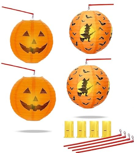 Halloween kürbis Laterne 4 Stück,kürbis Laterne für aufhängen,Pumpkin Lantern Decoration,Faltbare Papierlaternen Dekorative für Home Party Halloween Dekoration (Hexe + Kürbis)
