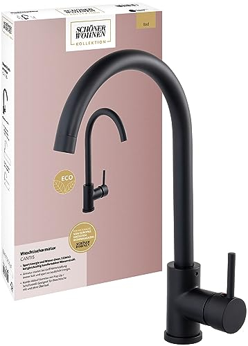 Schöner Wohnen Kollektion Waschtischarmatur hoch Spar-Mischdüse Cantis, Wasserhahn Bad Kaltwassermittelstellung, Badezimmerarmatur Aufsatz- oder Wand-Waschbecken, Kombi-Ablaufgarnitur, Mattschwarz