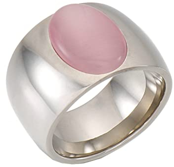 Mesnt Verlobungsring Damen, Edelstahl 15MM breiter Ring mit ovalem Stein für Damen Silber Rosa, Größe 60 (19.1)