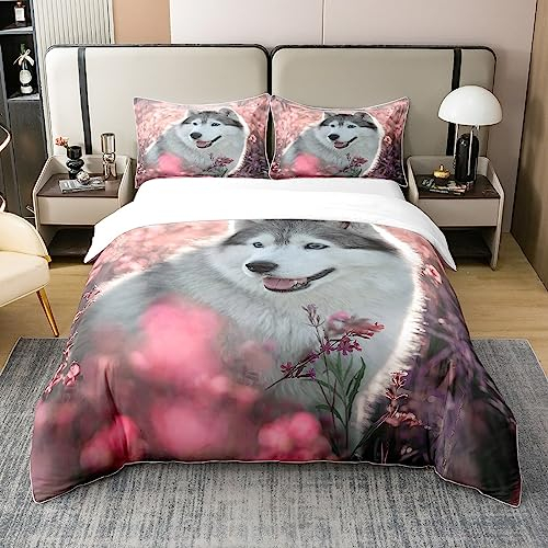 Loussiesd Dackel 100% Baumwolle Bettwäsche Set,Siberian Husky Bettbezug Set,Netter Welpe Hund Pet Grey Rosa Bettwäsche 135x200cm