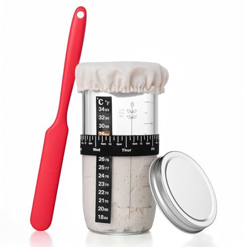 PITCH + PULSE Sourdough Starter Jar Kit, 730ml Juego de Fermentación con Termómetro, Espátula Silicona, Reutilizable Suministros de Fermentación para Hornear en Casa