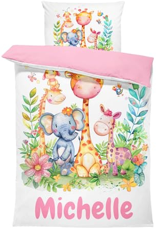 Pictogogo Süße Dschungeltiere-Design Kinderbettwäsche für Mädchen und Jungen, Personalisiert, Wählbare Unterfarbe (Weiß, Rosa, Blau, Grau), Oeko-TEX, 135 x 200 cm