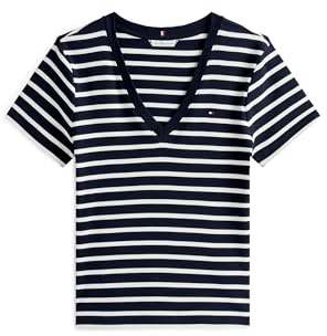 Tommy Hilfiger Women's Slim Cody V-NK SS WW0WW4058402C008 S/S T-Shirt, Blue (Nos Breton Desert Sky/Ecru), XXXL
