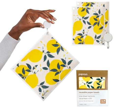 Papaya Paños de cocina suecos para cocina, 2 toallas de papel reutilizables, 1 gancho