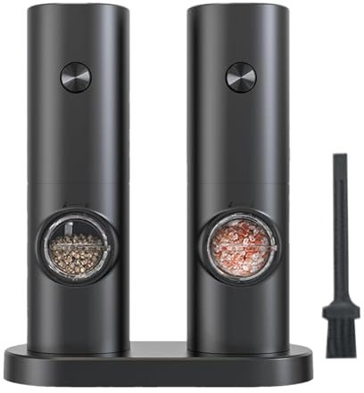 Juego de molinillo de sal automático, juego de molinillo de sal y pimienta - Molinillo de pimienta automático de 2 piezas con base,Molinillo automático de condimentos con luz LED, funciona con pilas,
