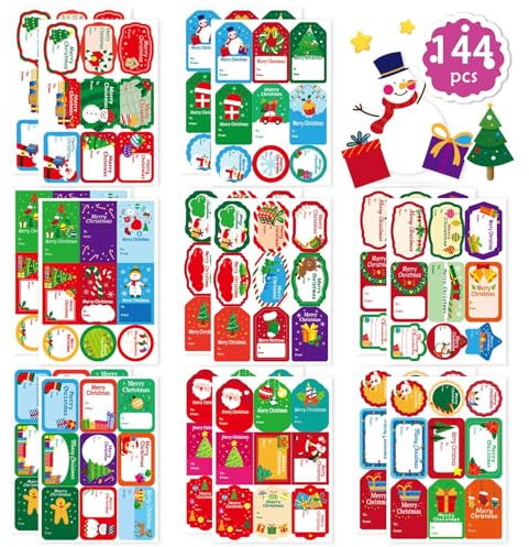 Fyvadio 144PCS Weihnachten Selbstklebende Geschenkanhänger, Weihnachtsgeschenkanhänger Weihnachten Name Etiketten Urlaub Etiketten für Verpackung, Urlaub, Geschenk-Aufkleber, Taschen, Karten, Umschlag
