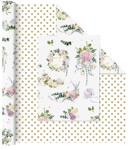 WERNNSAI Geschenkpapier Hochzeit – 1 Rolle 43 cm x 10 m Wendbares Geschenkpapier Edel mit Blumenmuster Geschenkpapier LIebe für Brautparty Verlobung Hochzeitsgeschenk Geschenkpapier Weiß