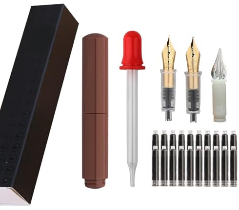 SIPLIV Majohn Wancai Mini Fountain Pen Pocket-Size Travel Pen Iridium Fine Nib Fountain Pen with 3 Pen Nibs, Short Size Eyedropper and 20 Black Ink Cartridges - Brown