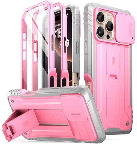 Poetic Revolution Case for iPhone 16 Pro Max 6.9 inch, [Slide Camera Cover], Full-Body Military Grade Rugged Shockproof Cover with Kickstand and Built-in-Screen Protector, Pink
