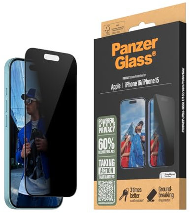 PanzerGlass® Privacy-Displayschutz für Apple iPhone 16 aus Panzerglas, hohe Kratzfestigkeit, Stoßfestigkeit, Fingerabdruckfreie Beschichtung - mit Montagehilfe für einfache Installation