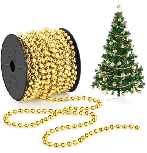 Chuangdi Perlenkette Weihnachtsbaum 15 M/Rolle 6mm Perlenschnur Perlengirlande Dekoration Weihnachtsbaumschmuck Kunststoff Perle Christbaumschmuck PerlenbandZubehör für DIY (Gold)