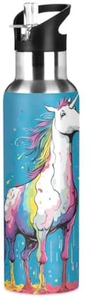 Botella de agua colorida de unicornio arcoíris, de acero inoxidable, a prueba de fugas, botella de agua aislada con asa
