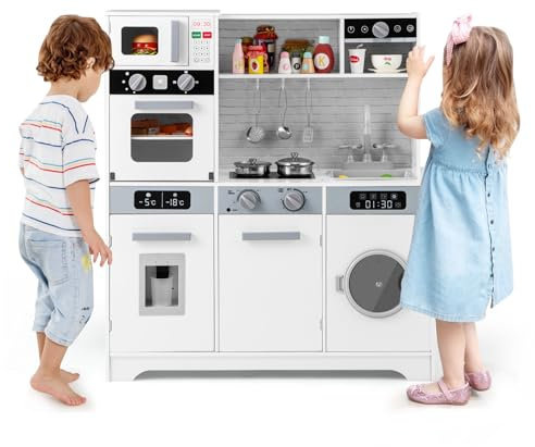 HOMASIS Cucina per Bambini in Legno, Cucinetta con Luce e Suono, Cucina Giocattolo con Lavello, Forno, Lavatrice, Microonde, Macchina da Caffè, per Bambini da 3+ Anni, 80 x 31,5 x 89 cm