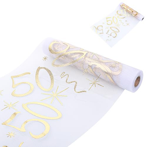 Hejo 50 Geburtstag Tischläufer, 28cmX10m 50 Jahre Geburtstag Deko, Breite Party Tisch Glänzend Gold Deko, 50 Goldfarbe Dekostoff Banner für Mann & Frau