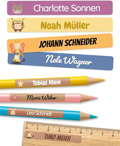 melu kids® Namensaufkleber Kinder für Schule & Kita (150 Stück) - Personalisierte Aufkleber mit Namen für Stifte und alle Schulsachen - Wasserfest in Spülmaschine (Farben-Mix)